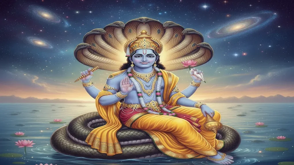 Vishnu Bhagwan seated on Sheshanaga with divine symbols and cosmic ocean in Sanatan Dharma art style