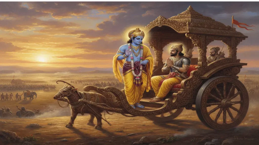 Lord Krishna teaching Arjuna on the battlefield of Kurukshetra representing Bhagavad Gita Teachings
