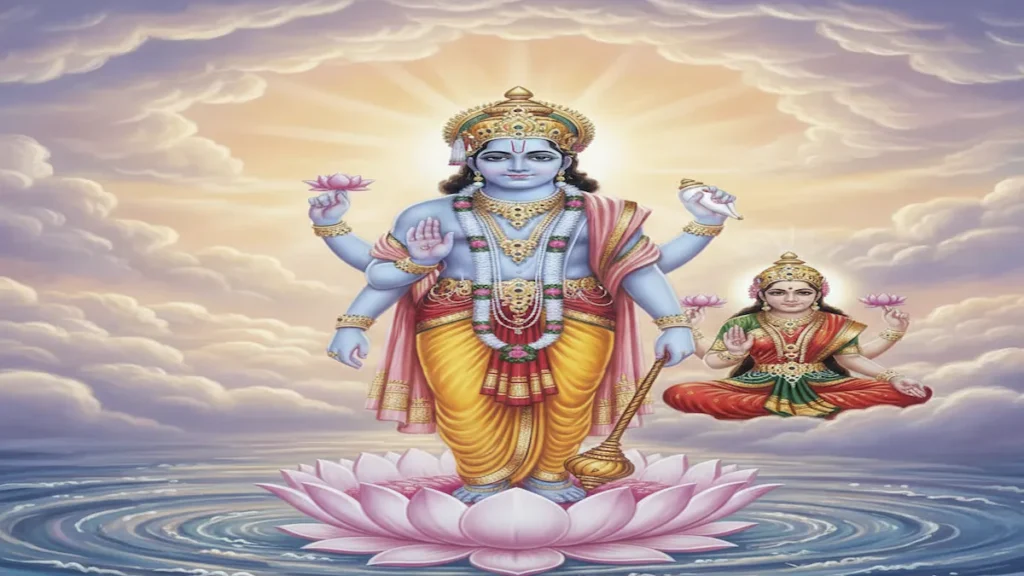 God Vishnu standing on a lotus with Shankha Chakra Gada and Padma, symbol of preservation and divine balance