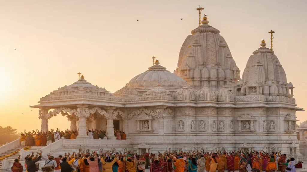 ISKCON temple history showing beautiful Hare Krishna temple architecture and devotees in prayer