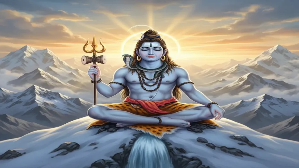 Lord Shiva History image showing Mahadev meditating on Mount Kailash with Trishul and blue throat
