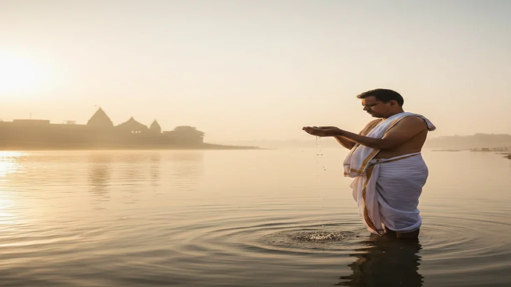 Pitru Paksha 2026 Tarpan ritual performed on river bank during Shraddha