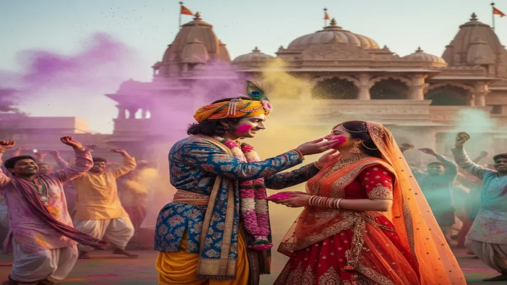 Radha Krishna Holi 2026 celebration in Vrindavan with colorful gulal and devotional atmosphere