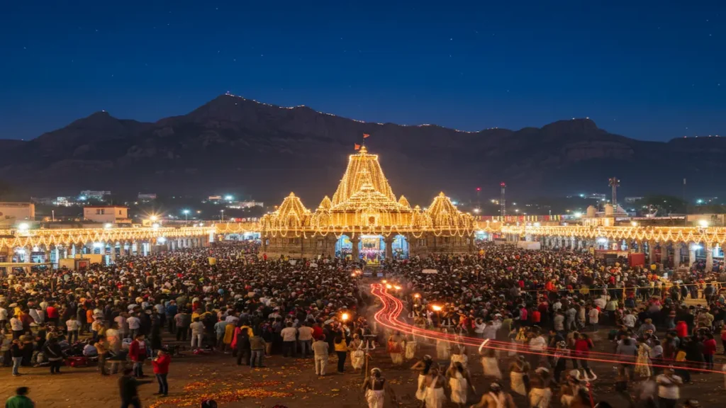 शिवरात्रि मेला जूनागढ़ 2026 में भवनाथ महादेव मंदिर और गिरनार पर्वत के पास श्रद्धालुओं की भव्य भीड़