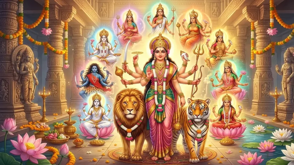 10 forms of Durga with divine symbols in Hindu mythology