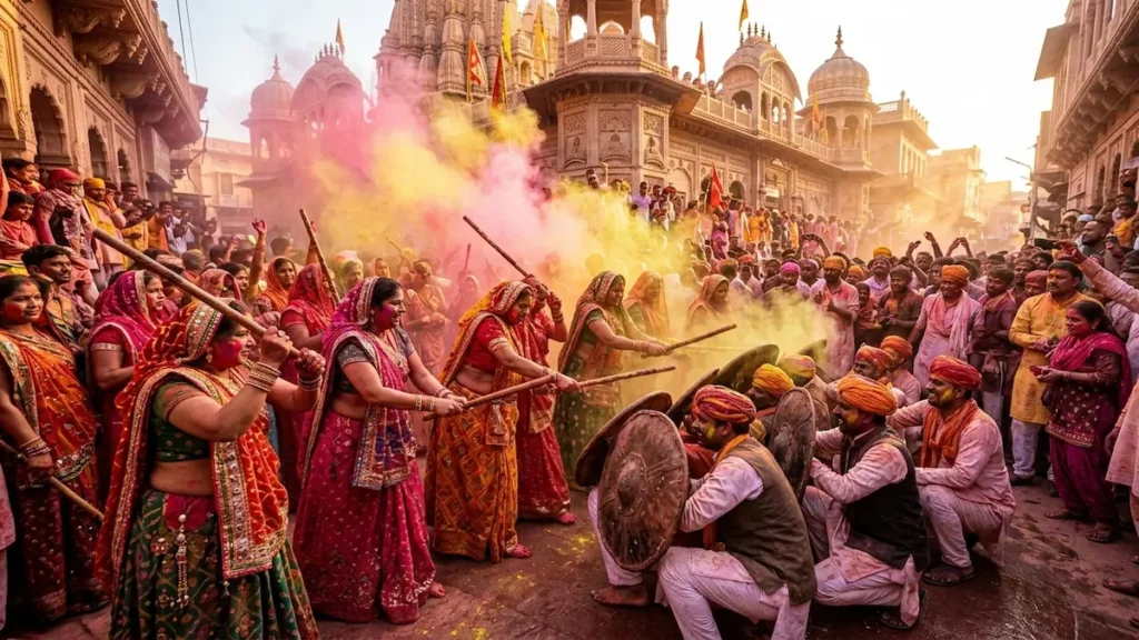 Women celebrating Lathmar Holi in Barsana during Braj Ki Holi 2026 with colorful gulal in the air