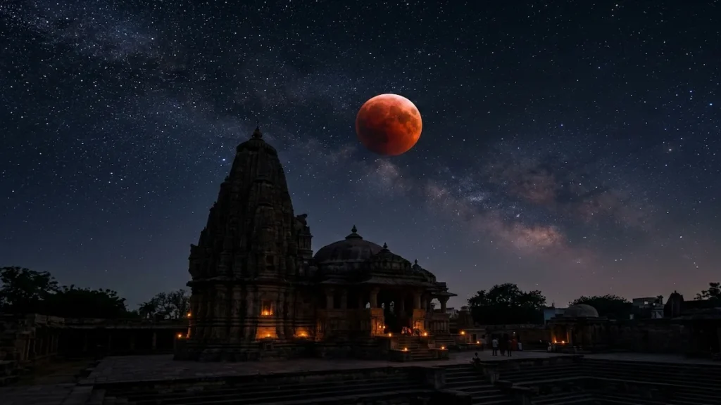Chandra Grahan 2026 total lunar eclipse over Indian temple with red blood moon in night sky
