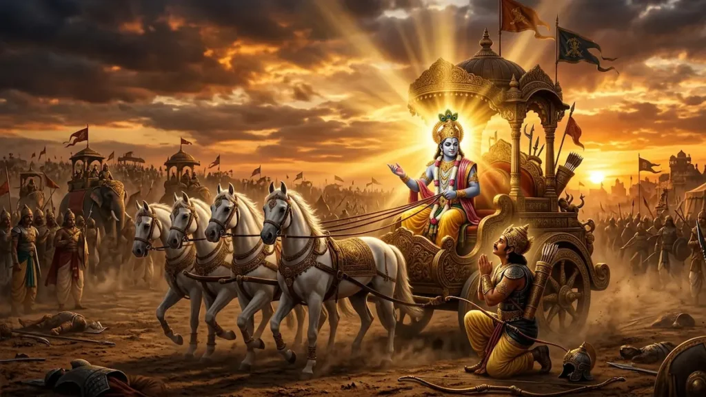 Lord Krishna giving Bhagavad Gita teachings to Arjuna on Kurukshetra during Gita Jayanti 2026