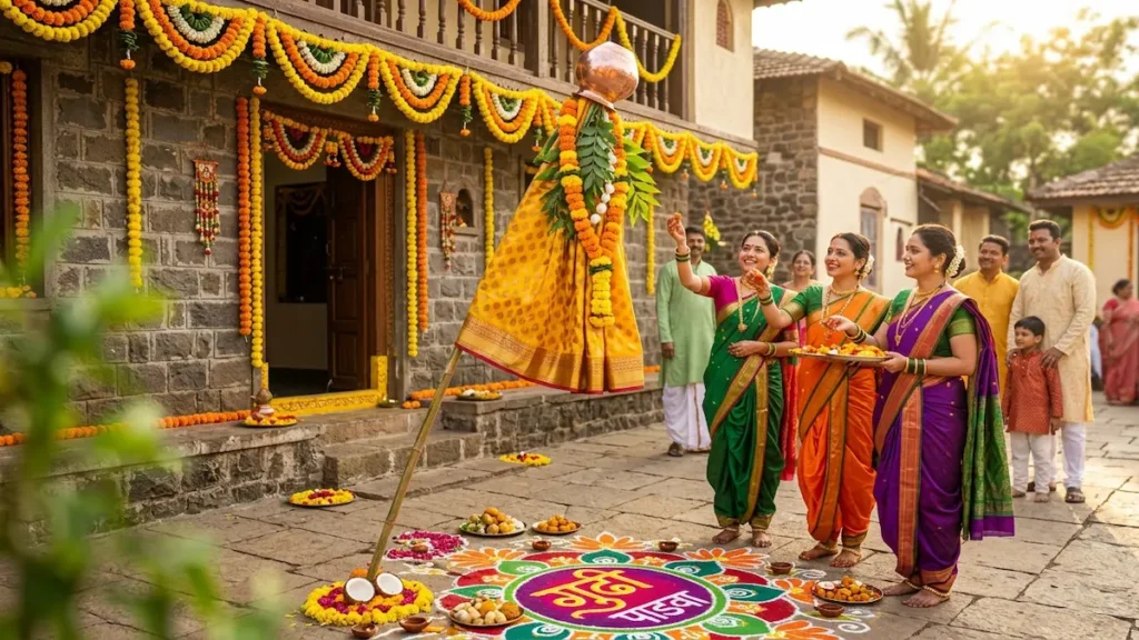 Gudi Padwa history celebration with traditional Gudi flag marking the Hindu New Year festival in Maharashtra