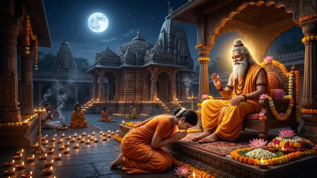 Guru Purnima 2026 celebration with disciple seeking blessings from spiritual Guru under full moon