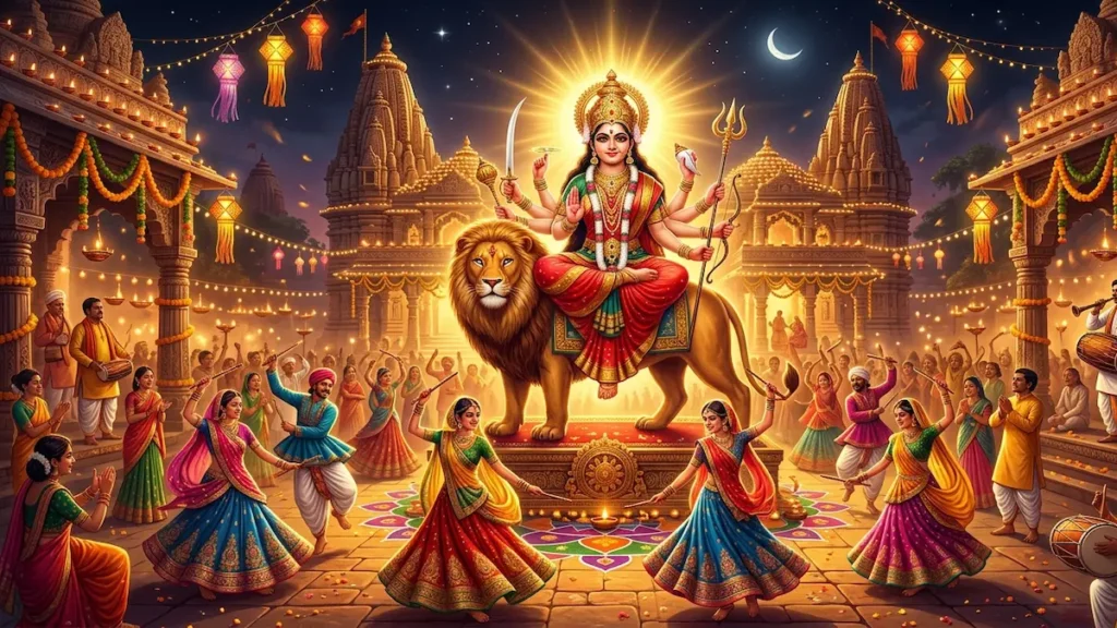 Navratri 2026 festival celebration with Goddess Durga and Garba dance