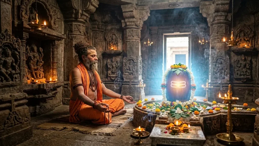 Shiv Bhakt meditating in front of Shiva Lingam in temple