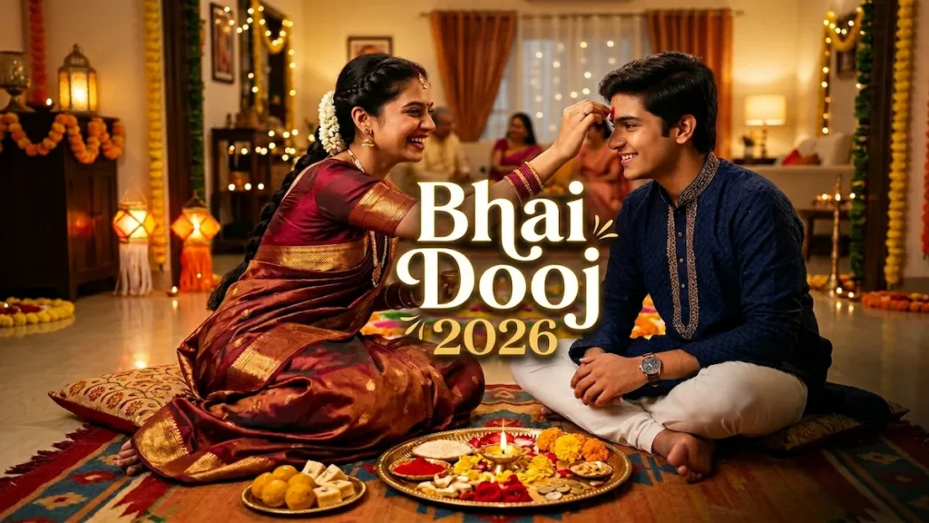 Bhai Dooj 2026 celebration with sister applying tilak to brother in traditional Indian festival