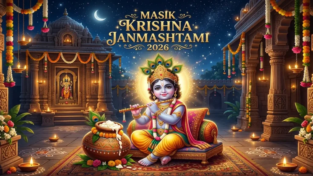 Masik Krishna Janmashtami 2026 Bal Krishna with flute and makhan matki