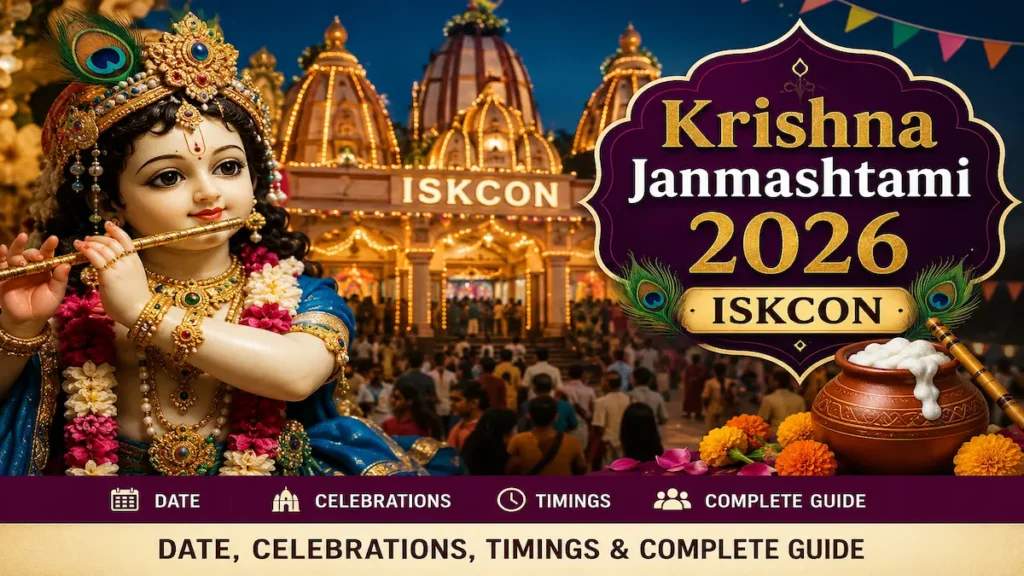 Krishna Janmashtami 2026 ISKCON celebration with Lord Krishna and decorated temple